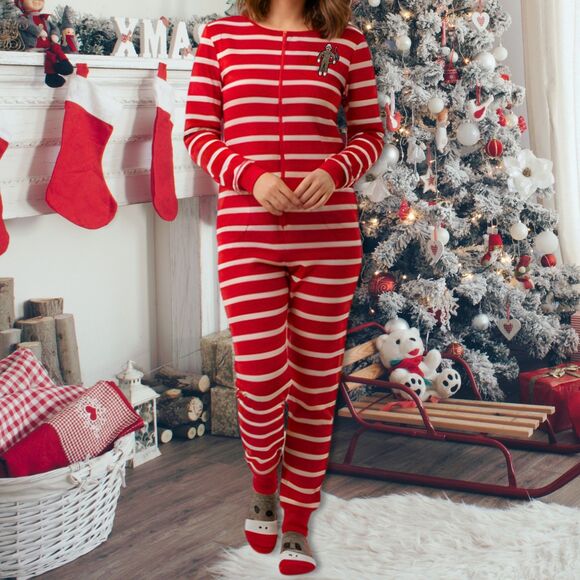 Nick & Nora Red Striped Sock Monkey Adult Onesie Pajamas XL– NWT Holiday PJ - Picture 2 of 7